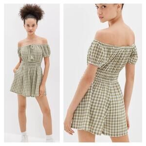 American Eagle Womens Off Shoulder Smocked Gingham Romper Size M Cottagecore